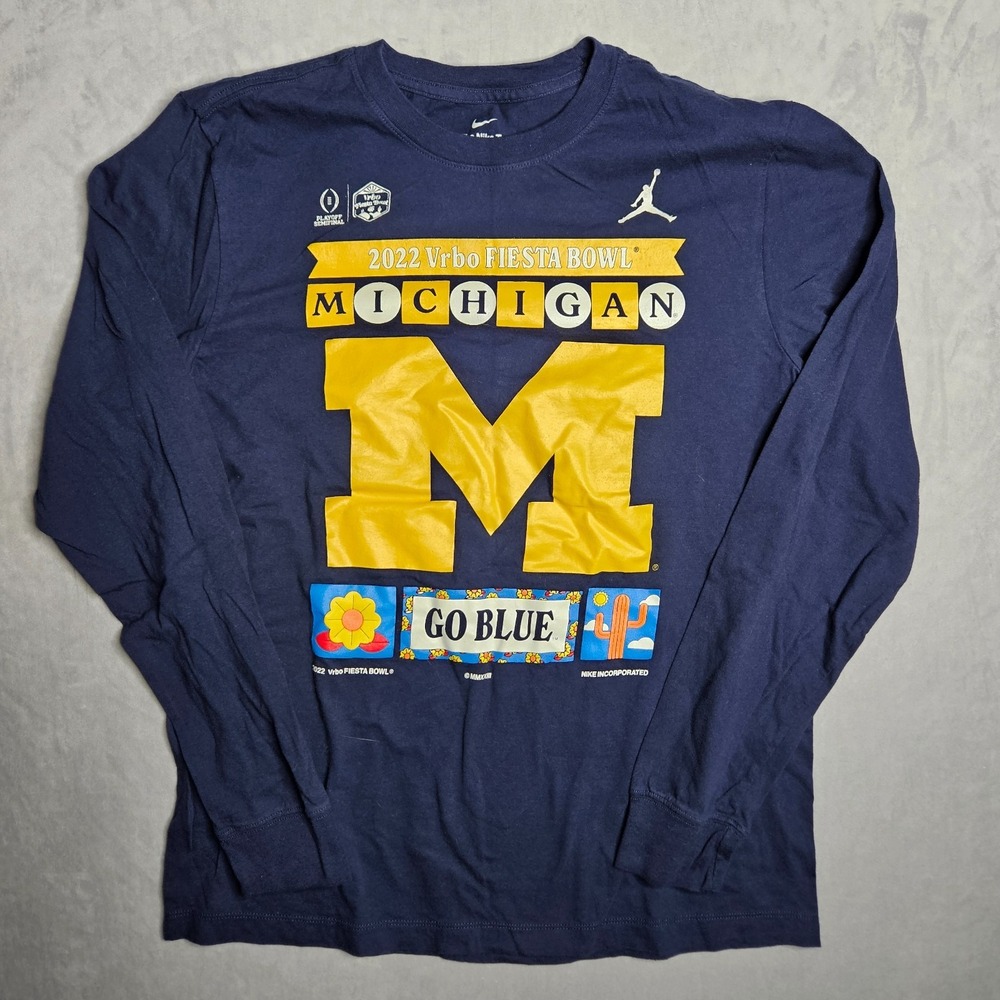 Nike Michigan Wolverines T-Shirt Mens Medium Blue 2022 Fiesta Bowl Long Sleeve